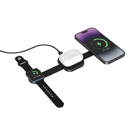 3-in-1 Foldable Wireless Charger Qi2 | 15W Magnetic Fast Charging Station | Portable Mini Travel Charger | For iPhone, Apple Watch & AirPods | Compact Black Charging Dock