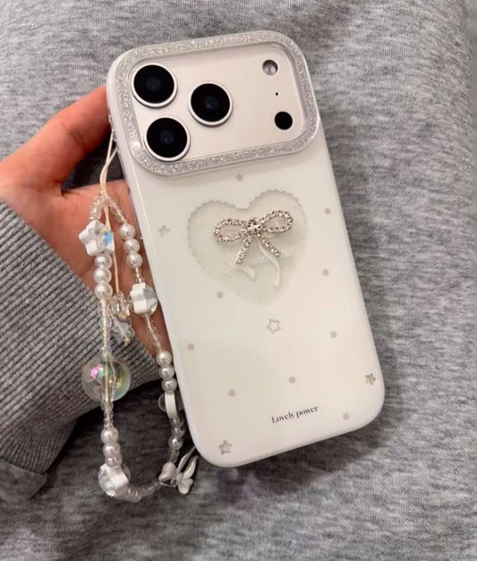 White Love Heart Crystal Bow Case with Pearl Wrist Strap