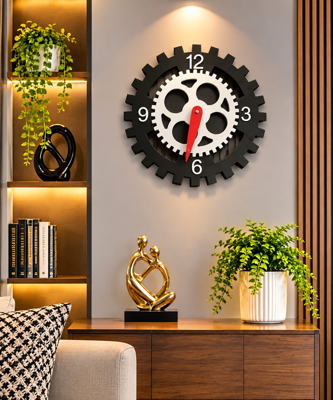 Premium Industrial Gear Design Wall Clock – Black & White with Red Hands, Battery Operated