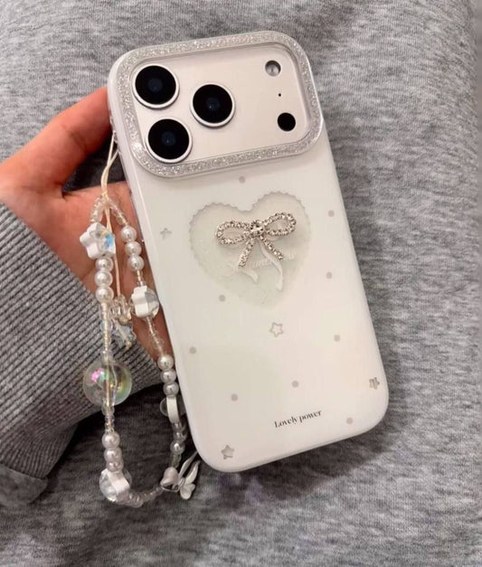 White Heart Glitter Pearl Bow Phone case