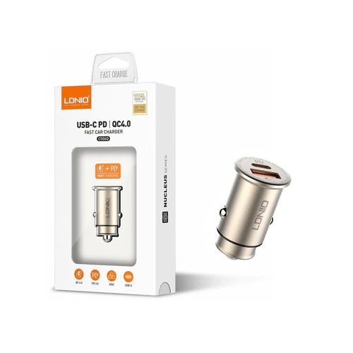 LDNIO Car Charger | 48W Fast Charging Dual USB & Type-C Car Adapter | Smart Power Distribution | Compact Alloy Design | Gold