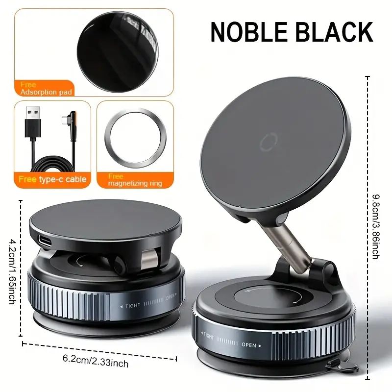 K007 Vacuum Suction Stand | 15W Magnetic Wireless Charging Phone Holder | 360° Rotatable Retractable Mount | Universal Suction Stand for Home, Car & Office | Black