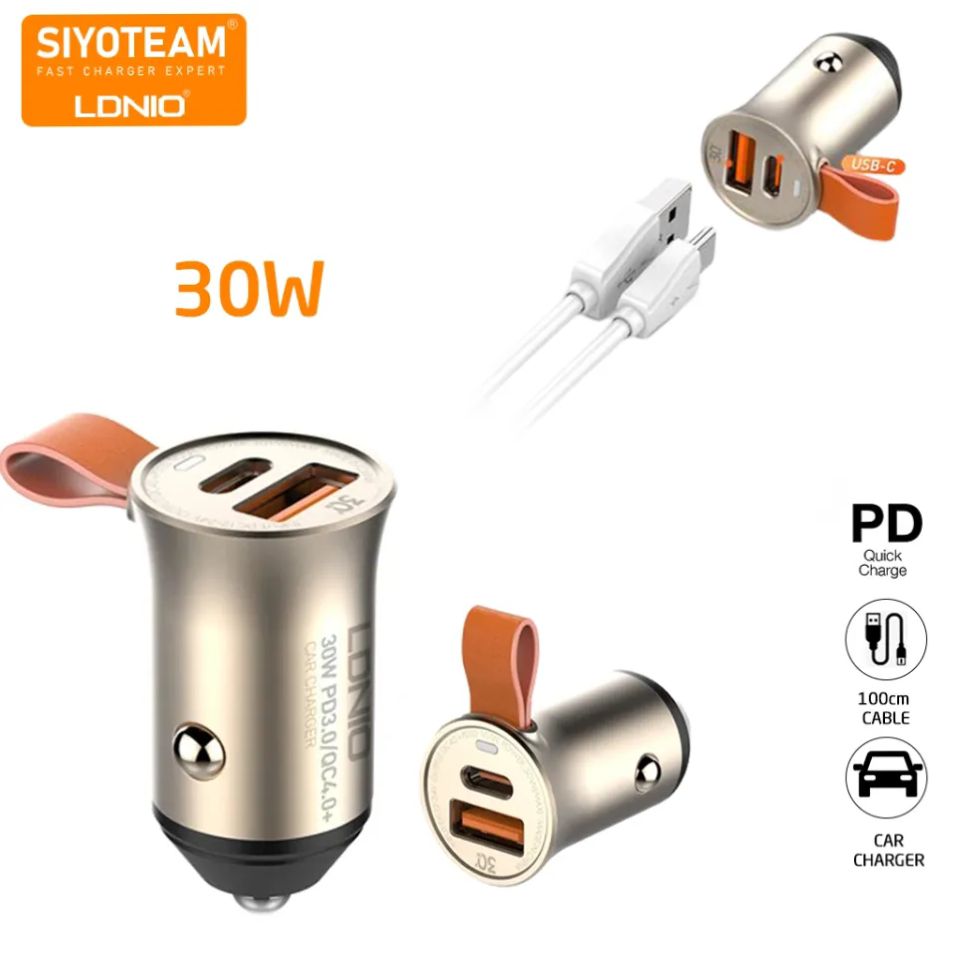 LDNIO Car Charger | 48W Fast Charging Dual USB & Type-C Car Adapter | Smart Power Distribution | Compact Alloy Design | Gold