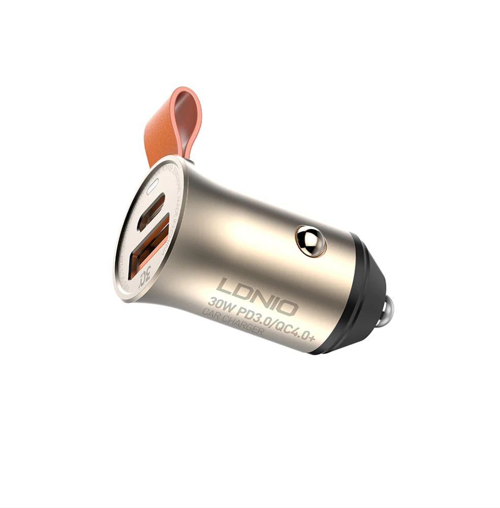 LDNIO Car Charger | 48W Fast Charging Dual USB & Type-C Car Adapter | Smart Power Distribution | Compact Alloy Design | Gold