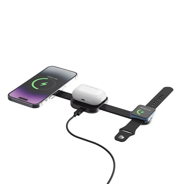 3-in-1 Foldable Wireless Charger Qi2 | 15W Magnetic Fast Charging Station | Portable Mini Travel Charger | For iPhone, Apple Watch & AirPods | Compact Black Charging Dock