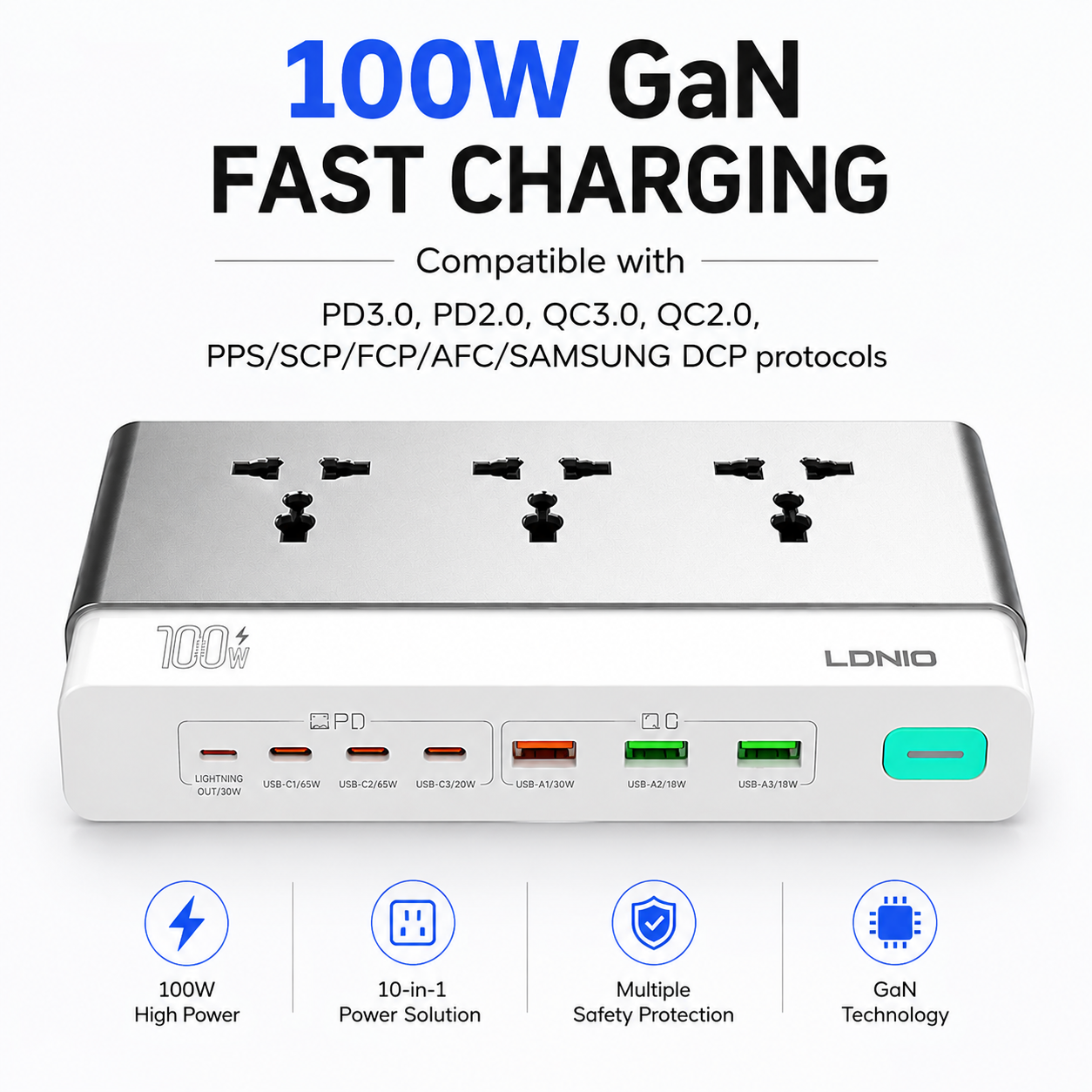 LDNIO 10-in-1 GaN Desktop Power Strip 2500W with 100W PD Fast Charging, 3 Universal AC Outlets, 7 USB Ports (4 USB-C + 3 USB-A), Surge Protection & Master Switch