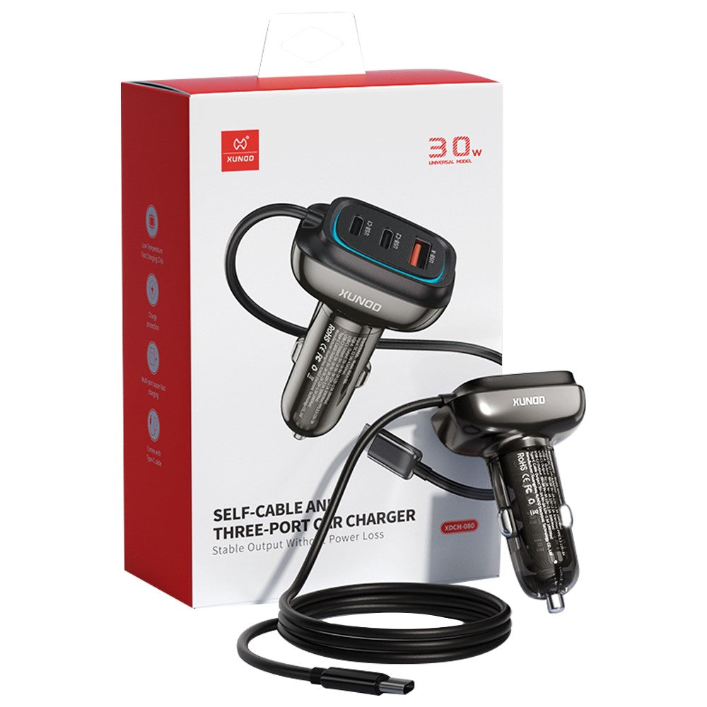 XUNDD 30W 3-Port Car Charger Adapter (2 USB-C + USB-A)