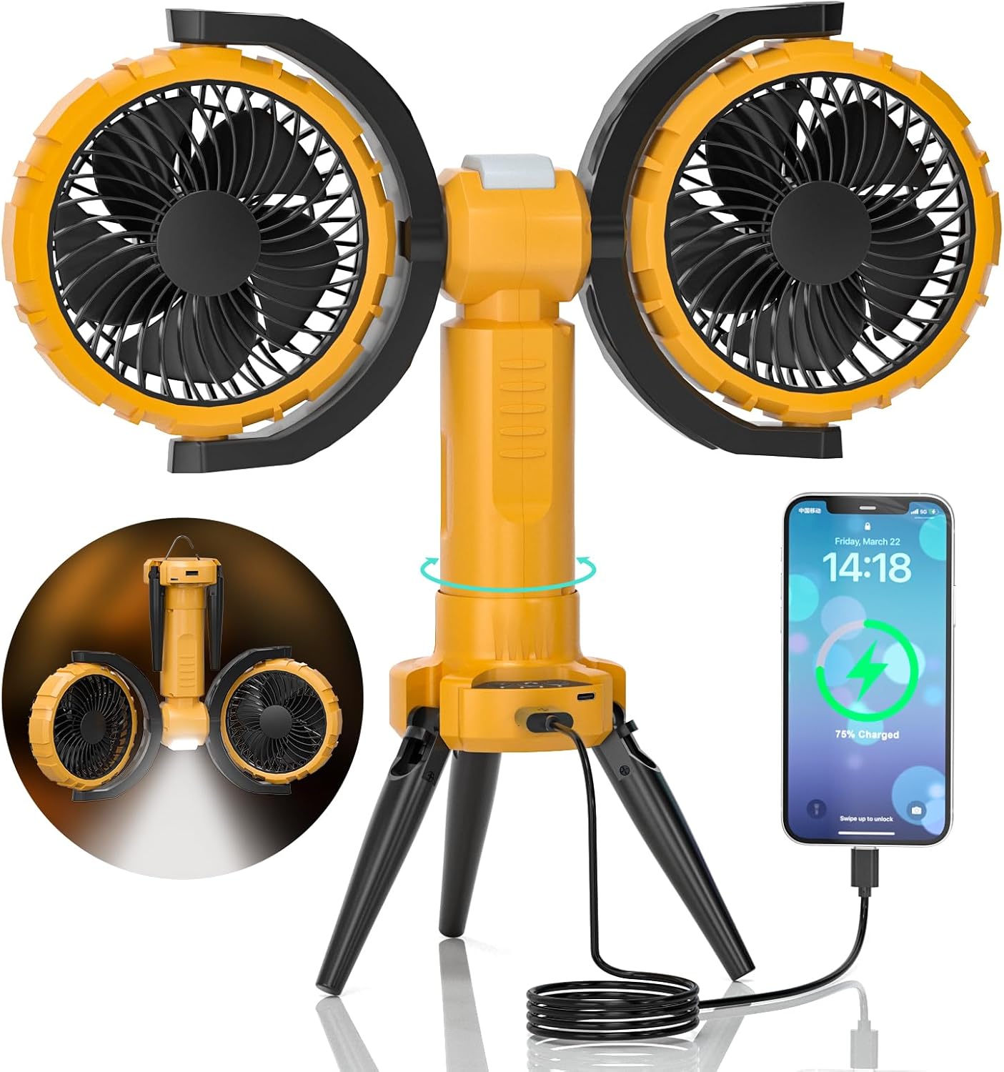 Portable High Speed Fan with 4 Speed | Inbuilt PowerBank | Dual Head | 360° Rotatable