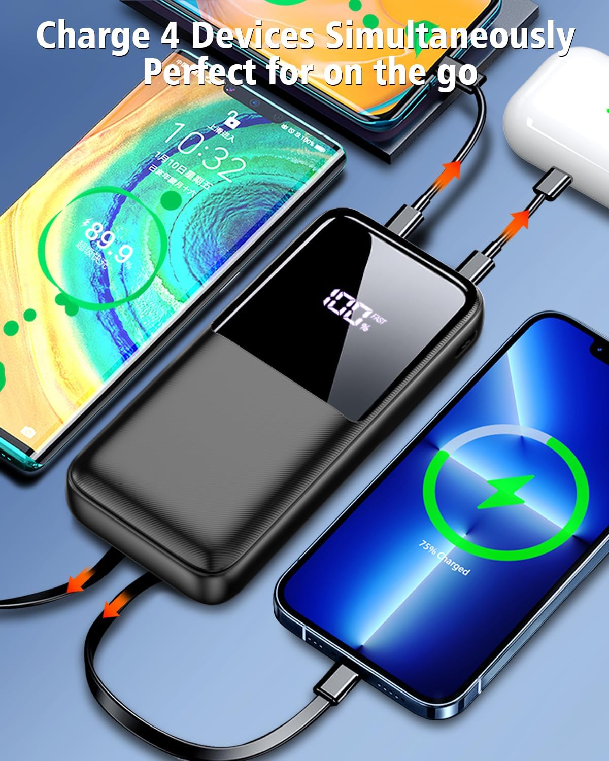 Compact 10000mAh Powerbank | inbuilt Dual Cables | Fast Charge Compatible