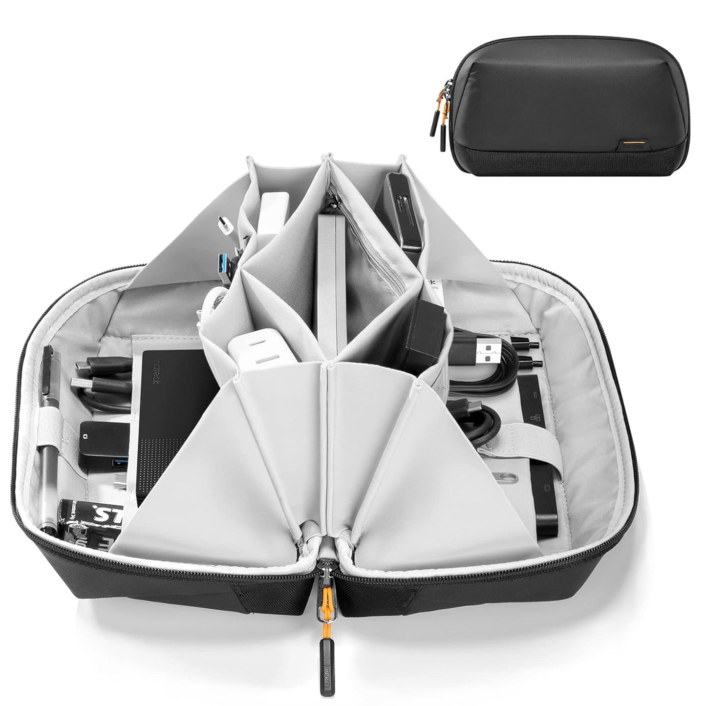 Tech Storage Bag | 23 Multi-Purpose Pockets | 180° Opening, Water Repellent, Heavy Duty, Business & Travel
