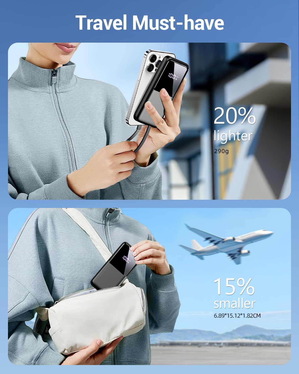 Compact 10000mAh Powerbank | inbuilt Dual Cables | Fast Charge Compatible