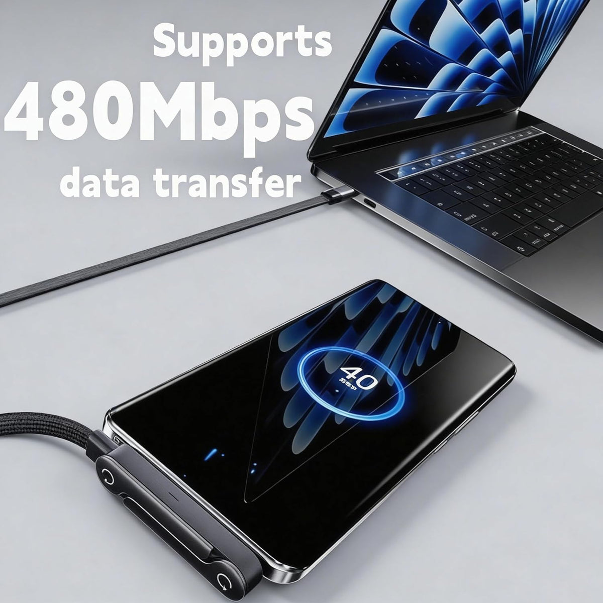 240W USB-C Braided Stand Cable | 1.5M Fast Charging Cable with Built-In Cable Organizer, Metal Connectors & Tangle-Free Design