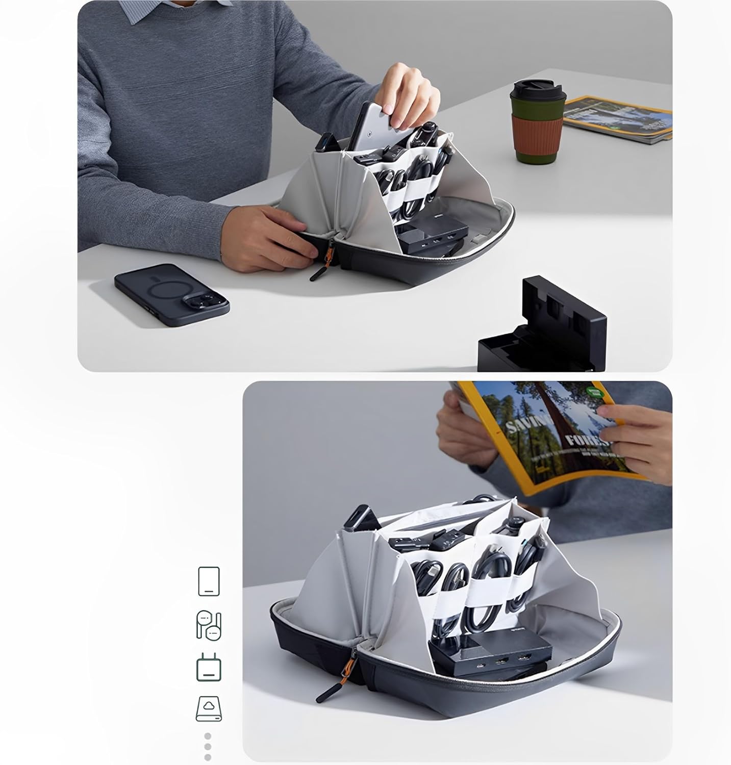 Tech Storage Bag | 23 Multi-Purpose Pockets | 180° Opening, Water Repellent, Heavy Duty, Business & Travel