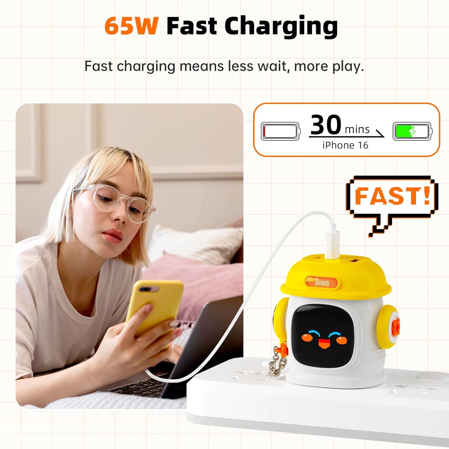 Divoom Dipow-65W Multi-socket Fast Charger | 1.5M Official Fast Charge Cable Included