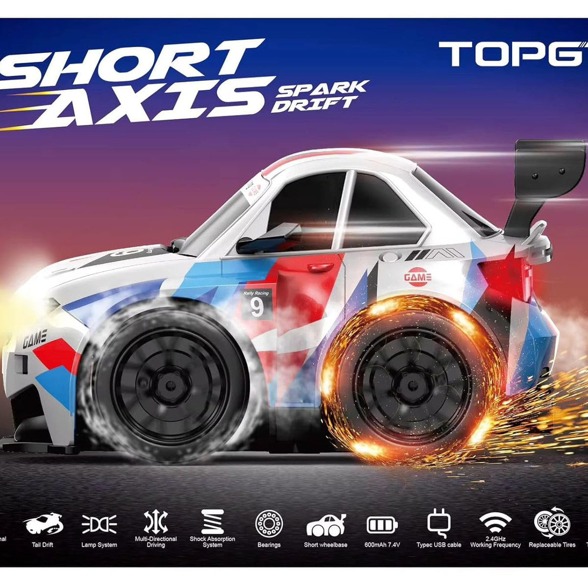 High Speed RC Drift Car with Spark Effect | With LED Lights & Replaceable Drift Tyres for Kids