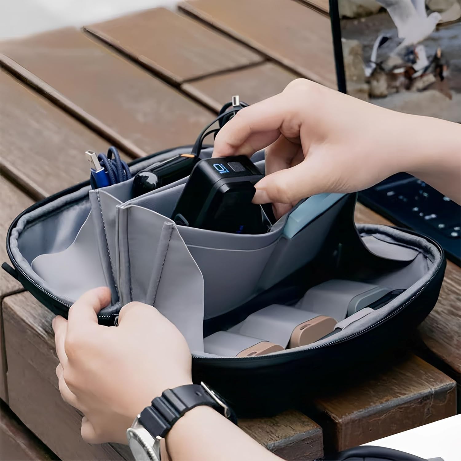 Tech Storage Bag | 23 Multi-Purpose Pockets | 180° Opening, Water Repellent, Heavy Duty, Business & Travel