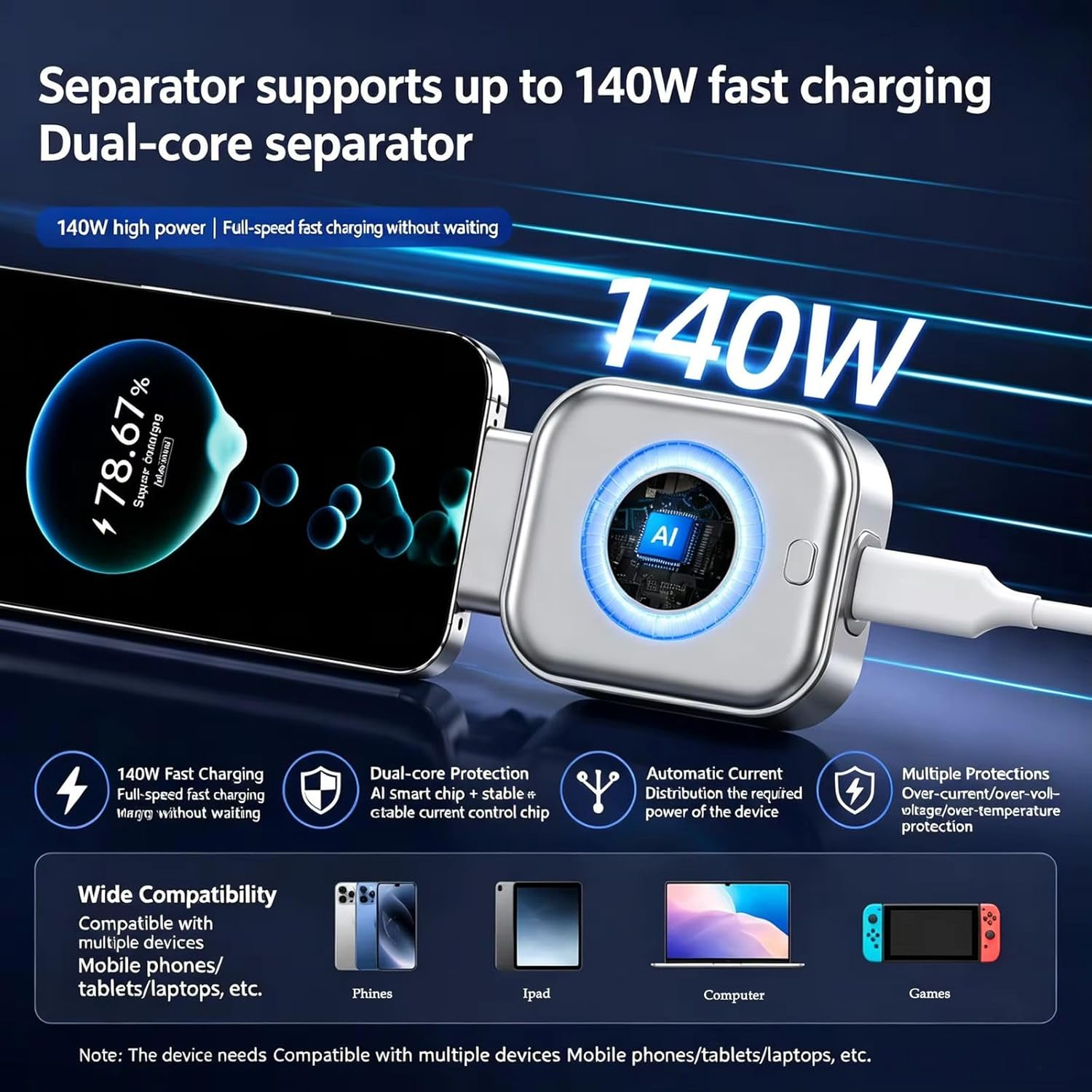 Auto Disconnect Adapter | 140W Fast Charging | Supports All type C Devices | Auto Stop