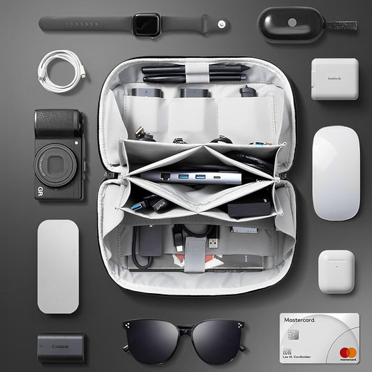 Tech Storage Bag | 23 Multi-Purpose Pockets | 180° Opening, Water Repellent, Heavy Duty, Business & Travel