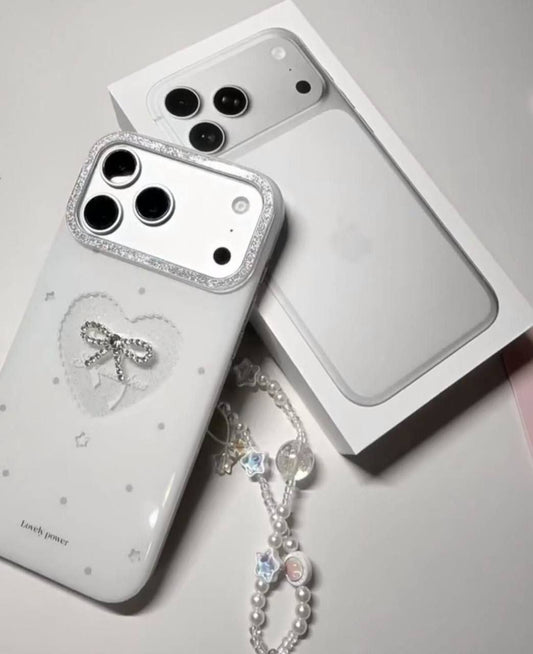 White Love Heart Crystal Bow Case with Pearl Wrist Strap