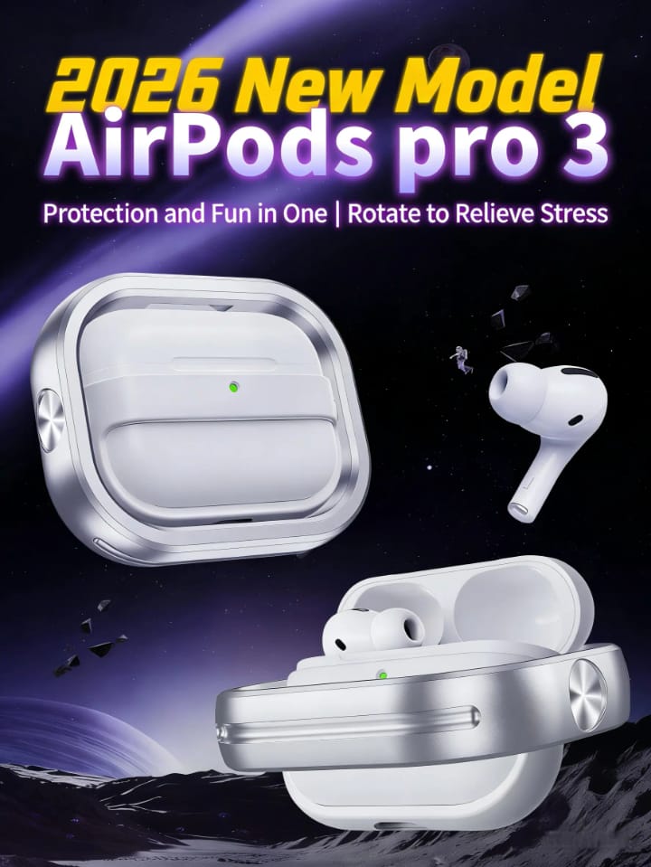Rotating Protective Case Compatible with AirPods Pro 3 | Silver and Metallic Frame, Wireless Charging | Shockproof Earbud case.