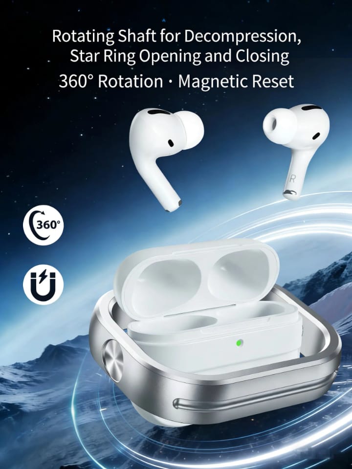 Rotating Protective Case Compatible with AirPods Pro 3 | Silver and Metallic Frame, Wireless Charging | Shockproof Earbud case.