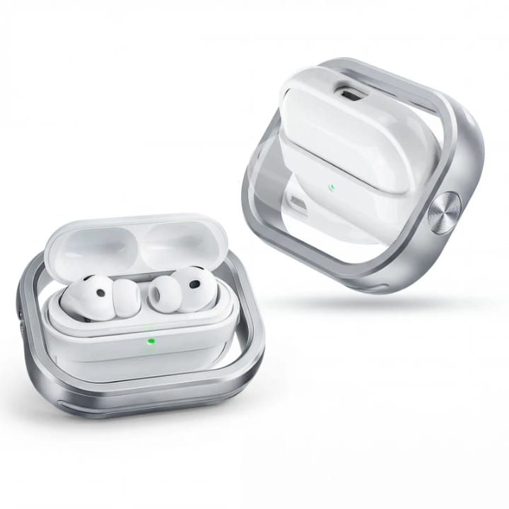 Rotating Protective Case Compatible with AirPods Pro 3 | Silver and Metallic Frame, Wireless Charging | Shockproof Earbud case.