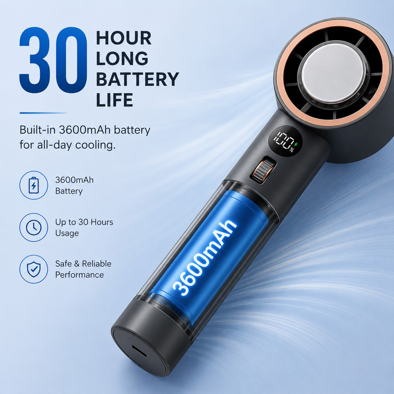 Portable Handheld Freezing Fan – 3600mAh Rechargeable Turbo Cooling Fan with Digital Display