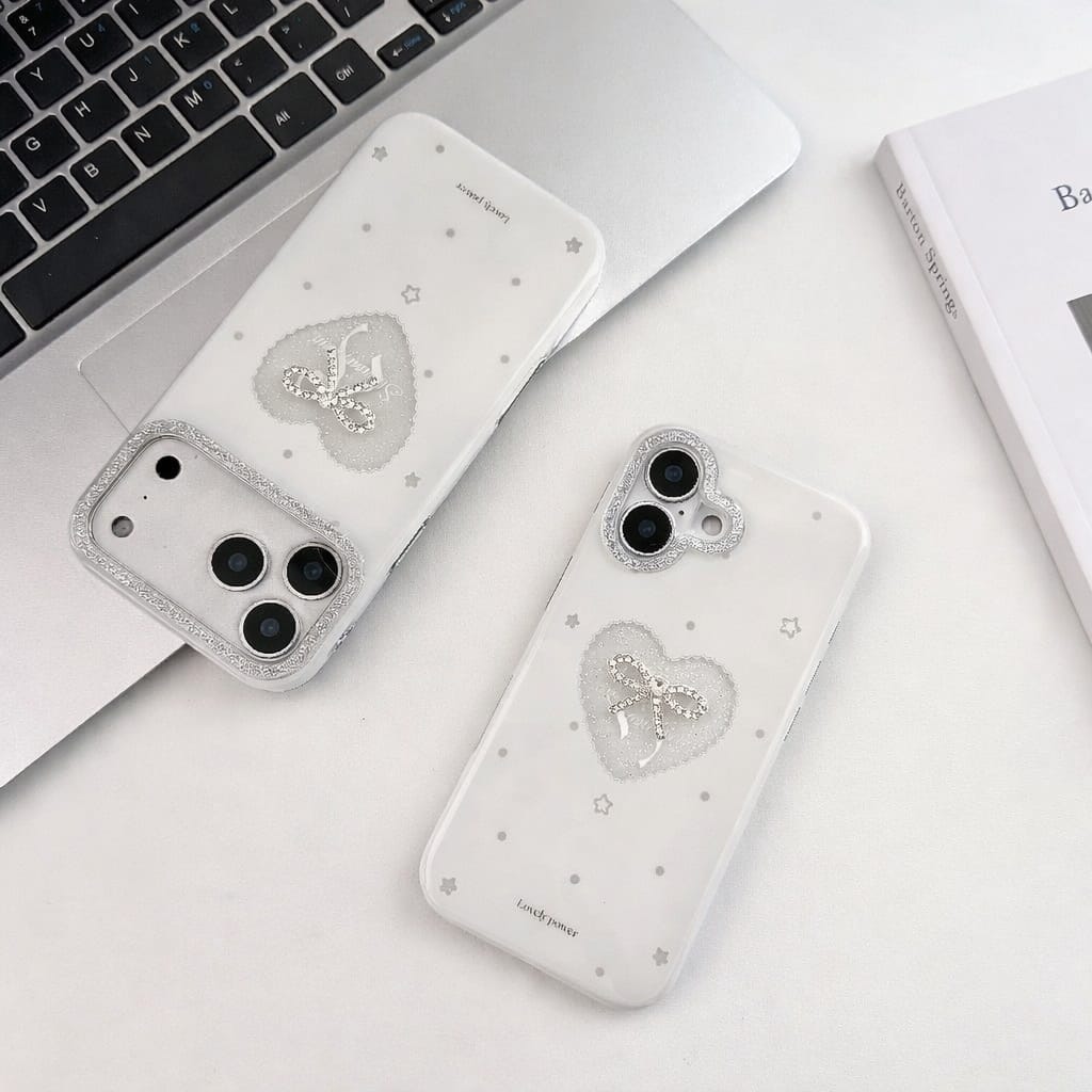 White Heart  Glitter Pearl Bow Phone case