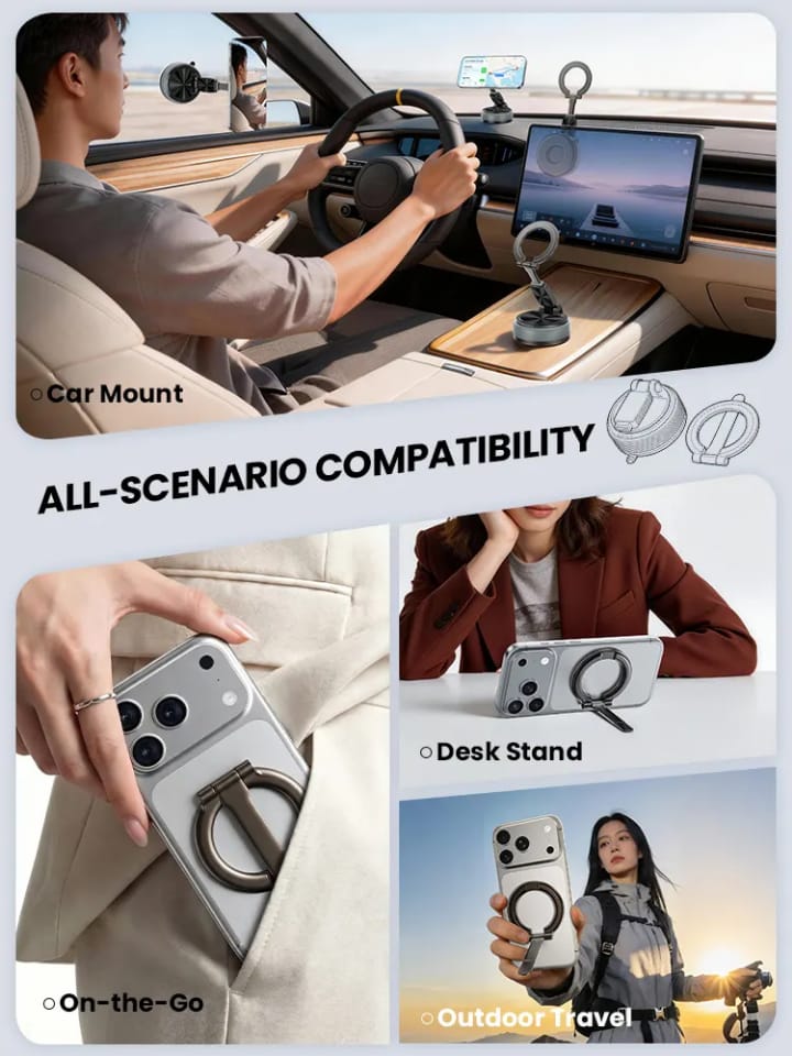 Foldable Car Mount, 360 degree Rotating Phone Holder, Detachable Ring- Compact Storage, Adjustable Viewing Angle, Stable Placement, Detachable Ring Grip, Easy Daily use