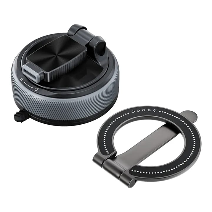 Foldable Car Mount, 360 degree Rotating Phone Holder, Detachable Ring- Compact Storage, Adjustable Viewing Angle, Stable Placement, Detachable Ring Grip, Easy Daily use