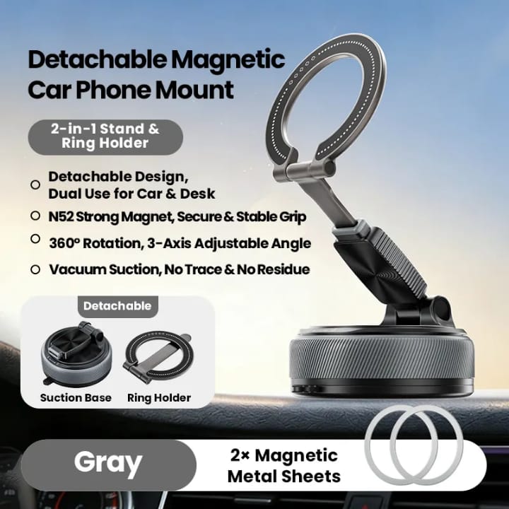 Foldable Car Mount, 360 degree Rotating Phone Holder, Detachable Ring- Compact Storage, Adjustable Viewing Angle, Stable Placement, Detachable Ring Grip, Easy Daily use