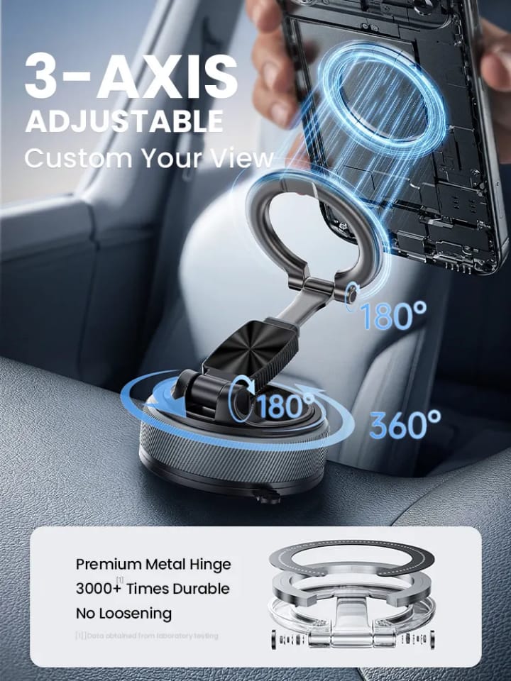 Foldable Car Mount, 360 degree Rotating Phone Holder, Detachable Ring- Compact Storage, Adjustable Viewing Angle, Stable Placement, Detachable Ring Grip, Easy Daily use