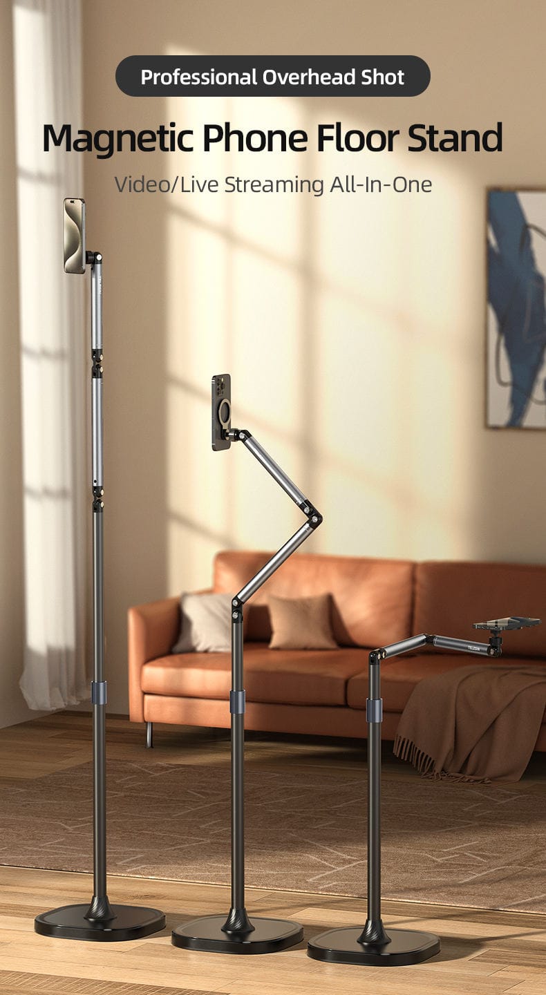 TELESIN Magnetic Phone Tablet Floor stand, Aluminum Alloy phone Holder for Video Recording, Adjustable/Magsafe /Iphone/ Android