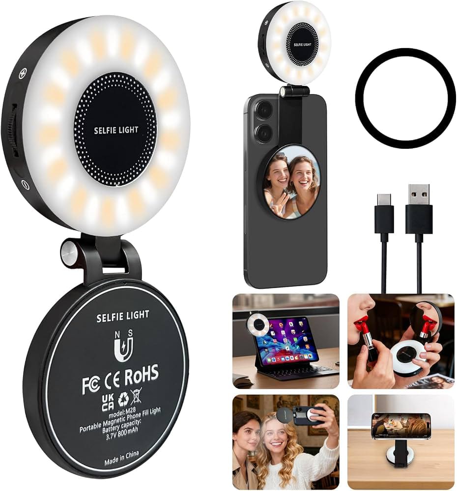 LED Magnetic Selfie Light, Upgraded 360degree with Mirror black
