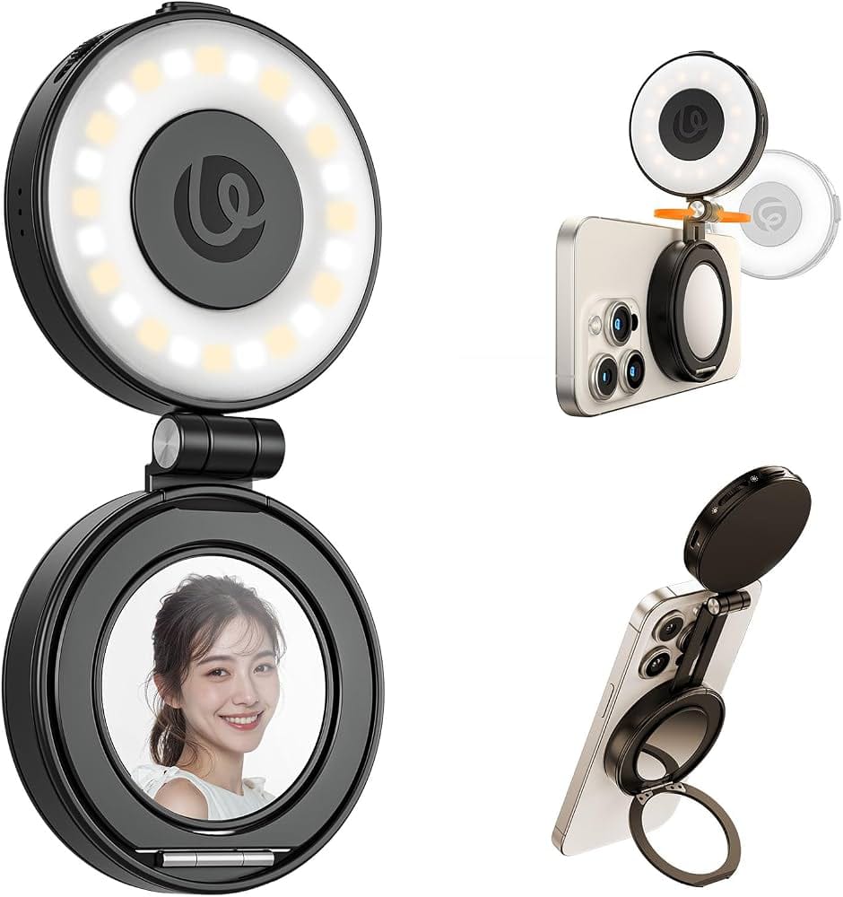 LED Magnetic Selfie Light, Upgraded 360degree with Mirror black