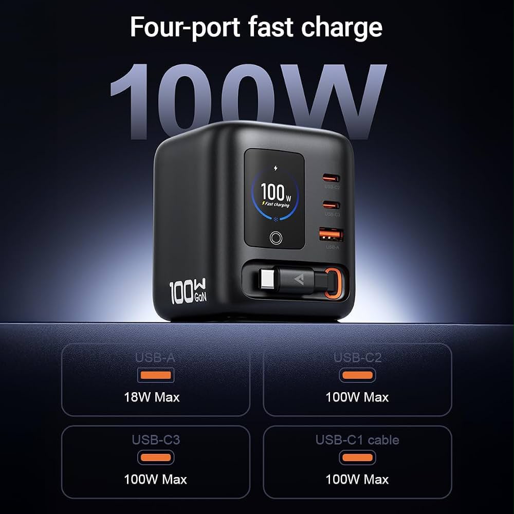 Universal Travel Charger 100W 4Port USB-C Desktop Charger, 2 Type-c & UB A Fast Charging Station With LCD Display