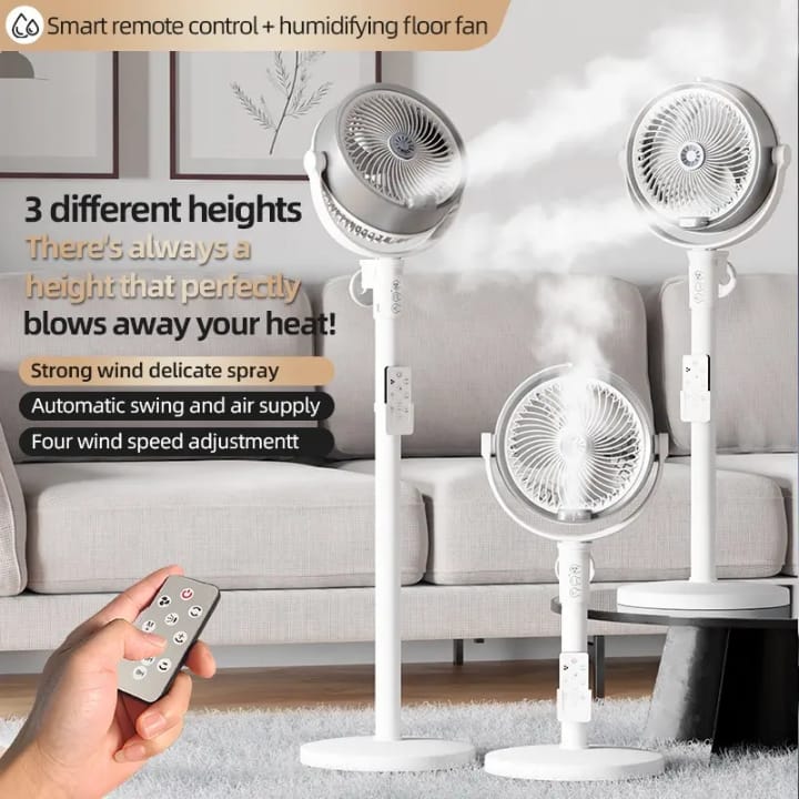 umidification Floor Fan, Portable USB & Battery Operated Rechargeable Mist Fan with Smart Remote Control, 4000mAh Battery, 4 Speed Modes, 150° Swing, Up to 2H Runtime Whit