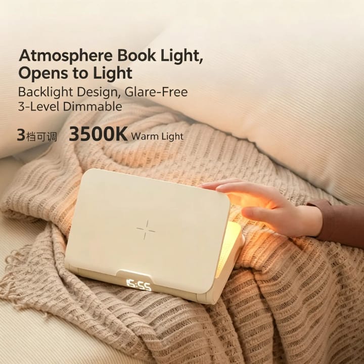 Wireless Charging Book lamp Speaker- Wake-Up Light & Wireless Charging- Apricot Yellow