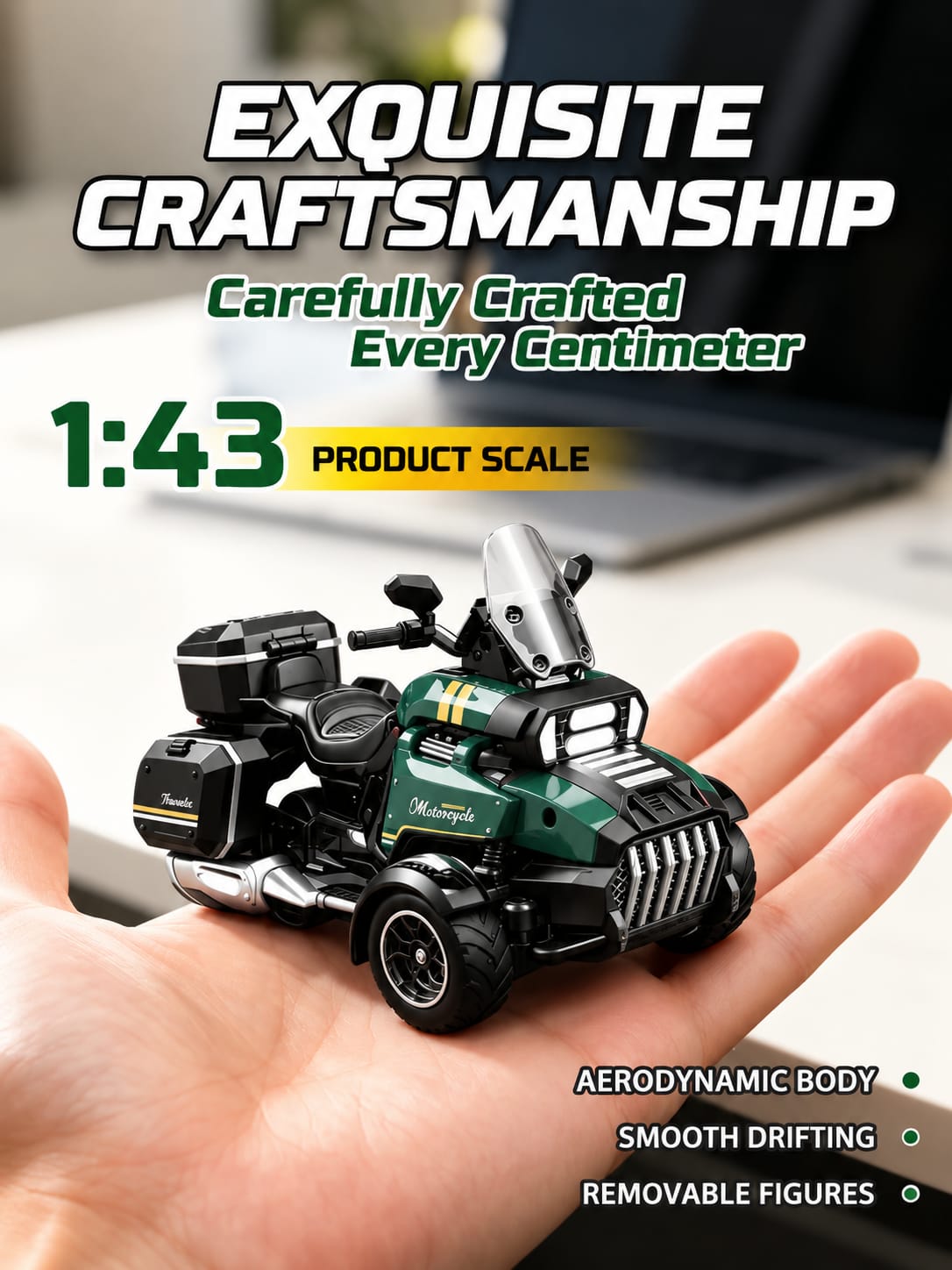 Green RC Motor Tricycle Simulation Motorcycle, Remote Controlled Three-Wheel Vehicle, Realistic Motorcycle Design, Responsive Steering, Smooth Driving Action, Durable Construction, Detailed Styling