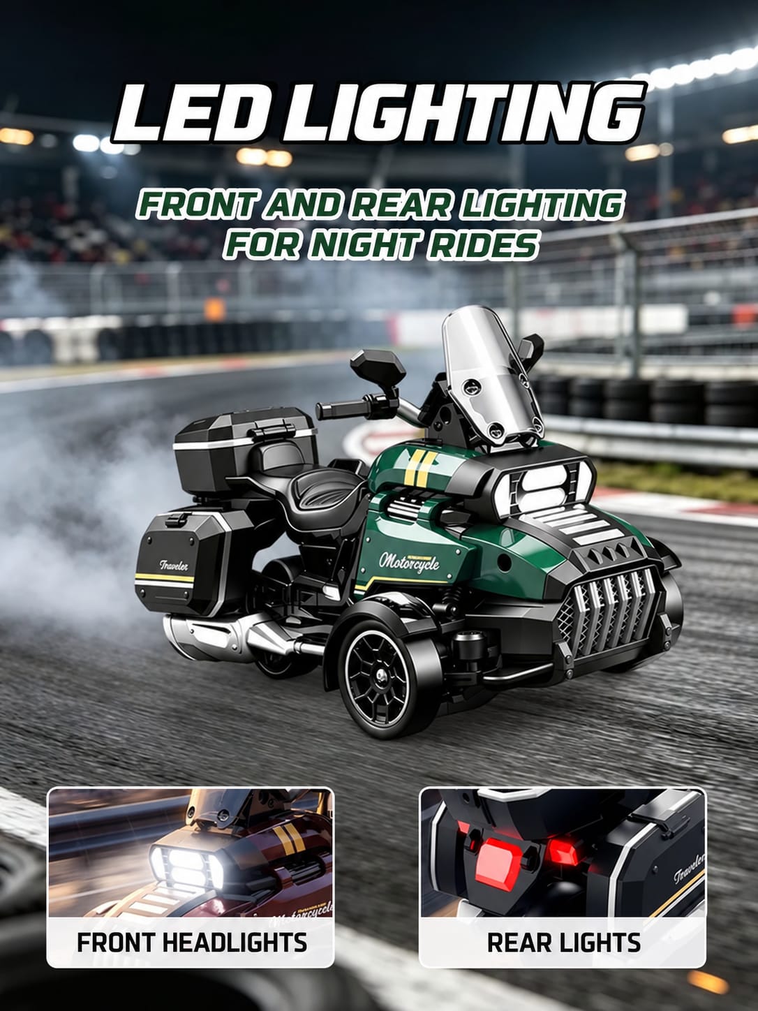 Green RC Motor Tricycle Simulation Motorcycle, Remote Controlled Three-Wheel Vehicle, Realistic Motorcycle Design, Responsive Steering, Smooth Driving Action, Durable Construction, Detailed Styling