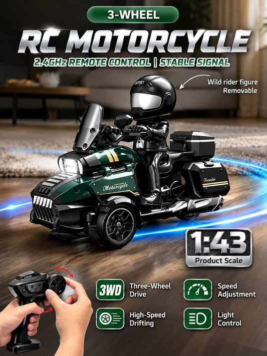 Green RC Motor Tricycle Simulation Motorcycle, Remote Controlled Three-Wheel Vehicle, Realistic Motorcycle Design, Responsive Steering, Smooth Driving Action, Durable Construction, Detailed Styling
