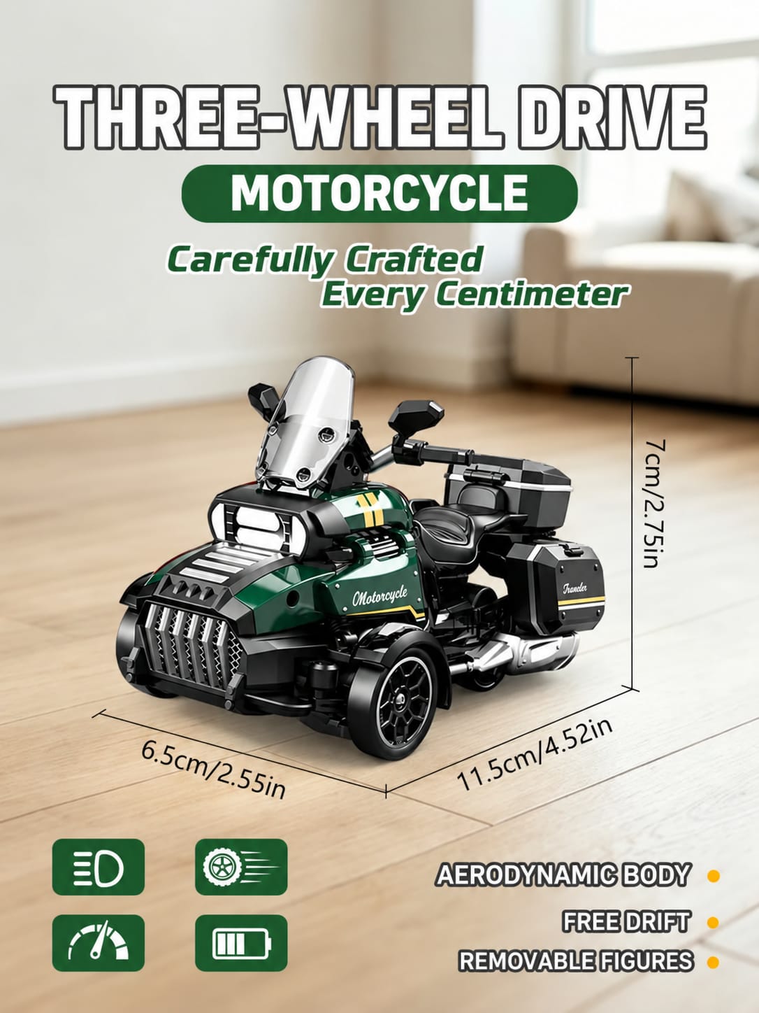 Green RC Motor Tricycle Simulation Motorcycle, Remote Controlled Three-Wheel Vehicle, Realistic Motorcycle Design, Responsive Steering, Smooth Driving Action, Durable Construction, Detailed Styling