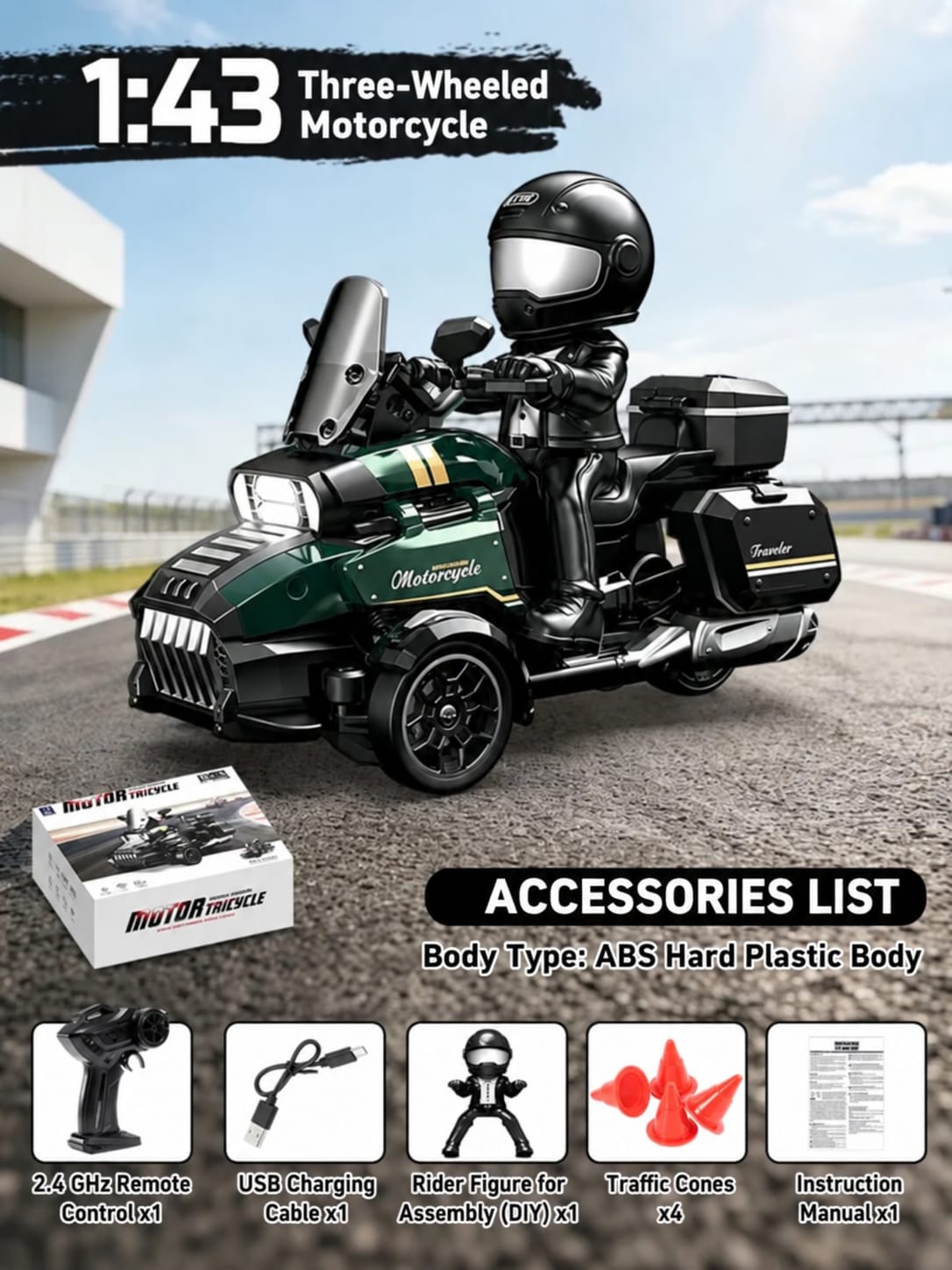 Green RC Motor Tricycle Simulation Motorcycle, Remote Controlled Three-Wheel Vehicle, Realistic Motorcycle Design, Responsive Steering, Smooth Driving Action, Durable Construction, Detailed Styling
