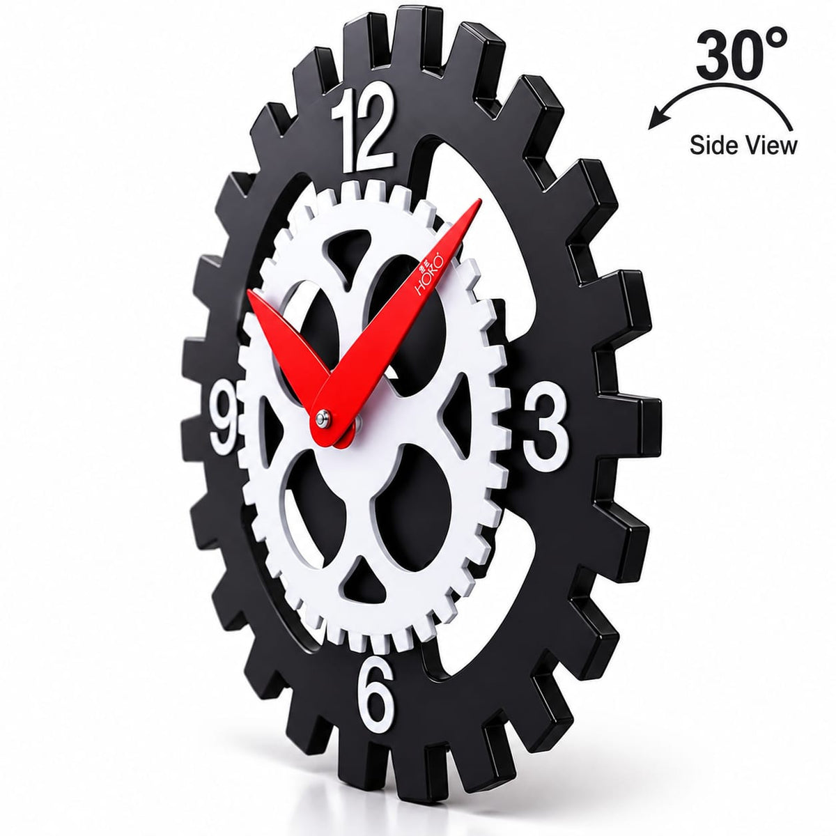 Premium Industrial Gear Design Wall Clock – Black & White with Red Hands, Battery Operated