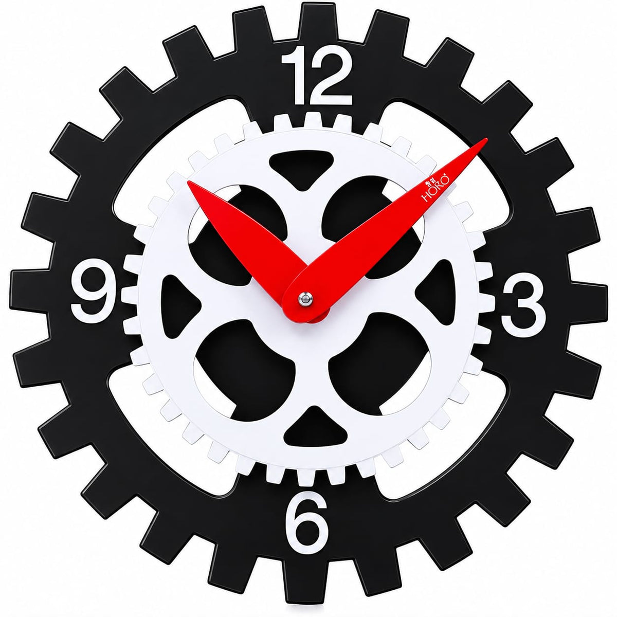 Premium Industrial Gear Design Wall Clock – Black & White with Red Hands, Battery Operated