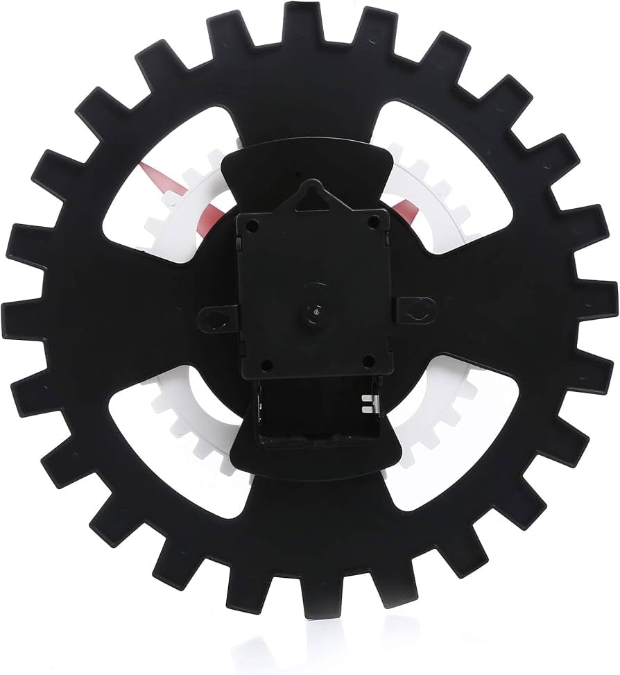 Premium Industrial Gear Design Wall Clock – Black & White with Red Hands, Battery Operated