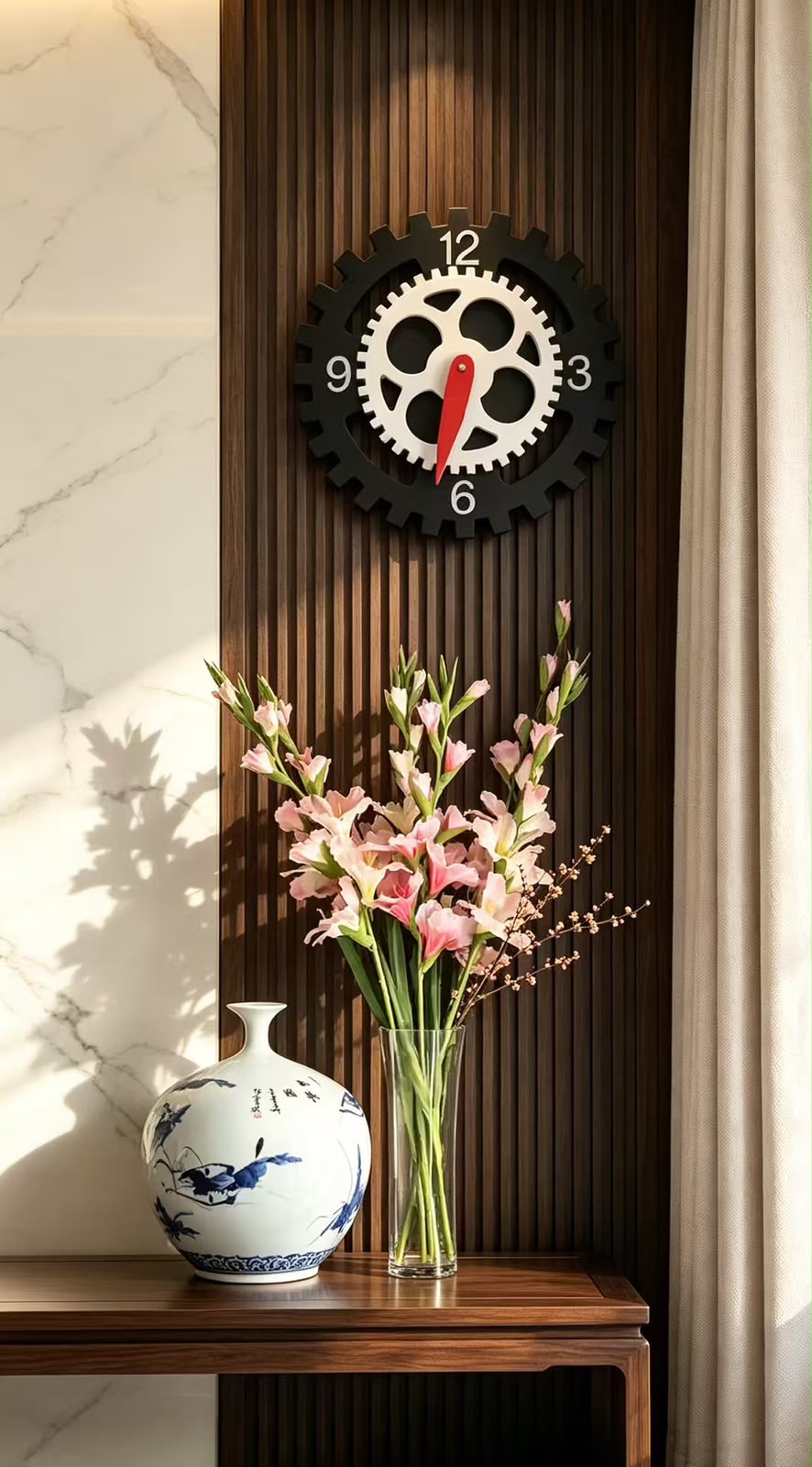 Premium Industrial Gear Design Wall Clock – Black & White with Red Hands, Battery Operated