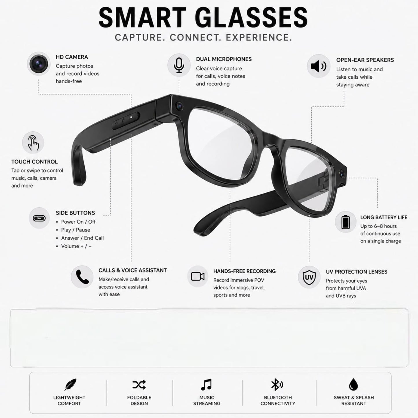 Smart AI Camera Glasses – HD Camera, Photochromic Lenses & Bluetooth Connectivity
