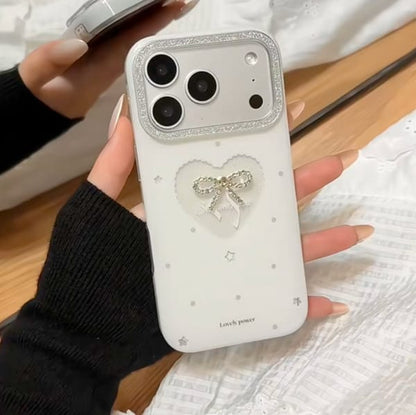 White Heart  Glitter Pearl Bow Phone case
