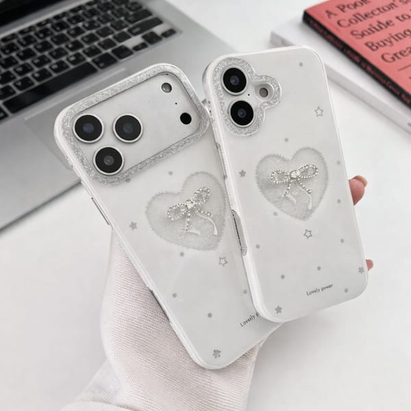 White Heart  Glitter Pearl Bow Phone case